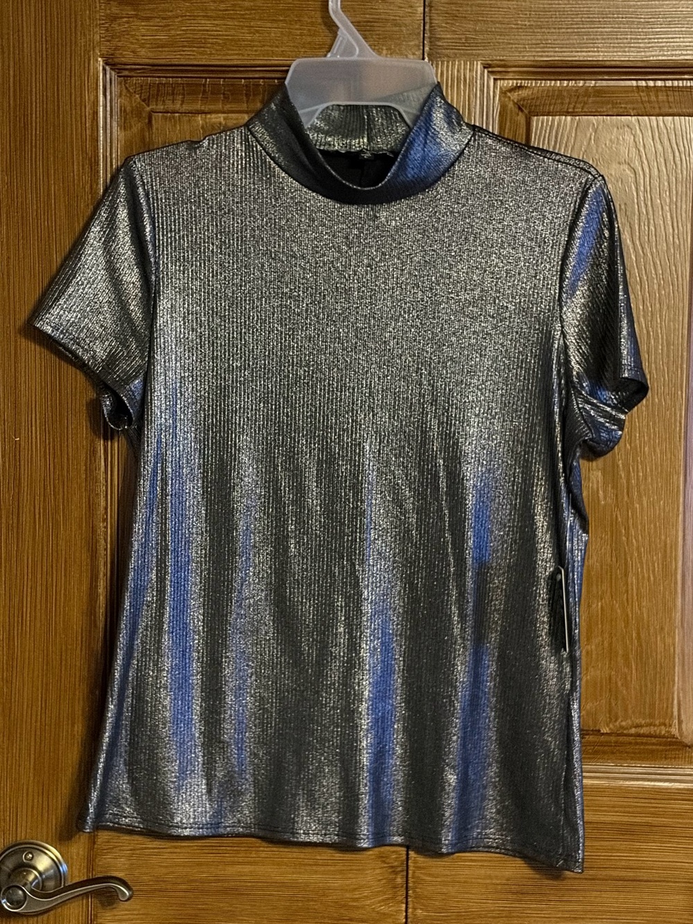 New Express Silver Metallic Mock Neck Short Sleeve Top